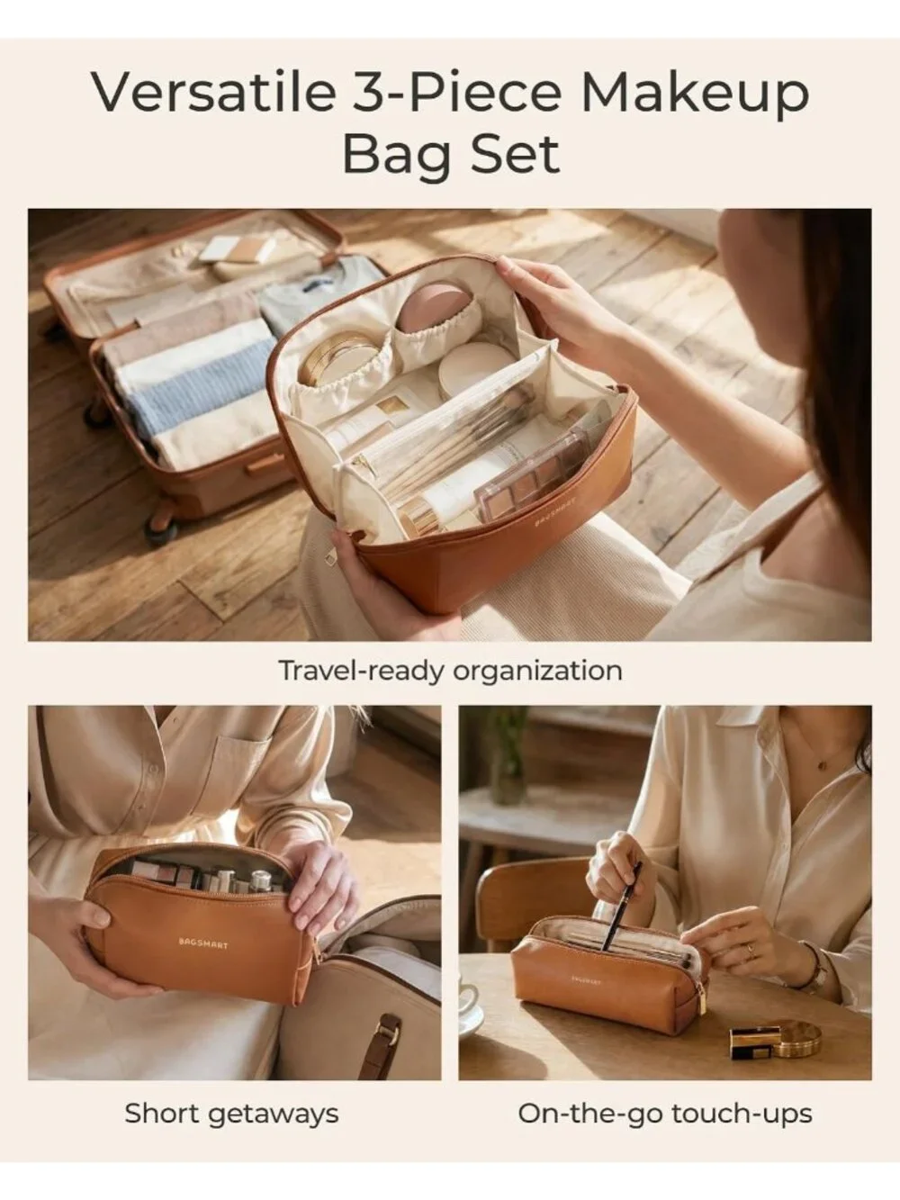 Travel Makeup Bag Set - 3 Pcs Cosmetic & Toiletry Organizer, Classic Brown